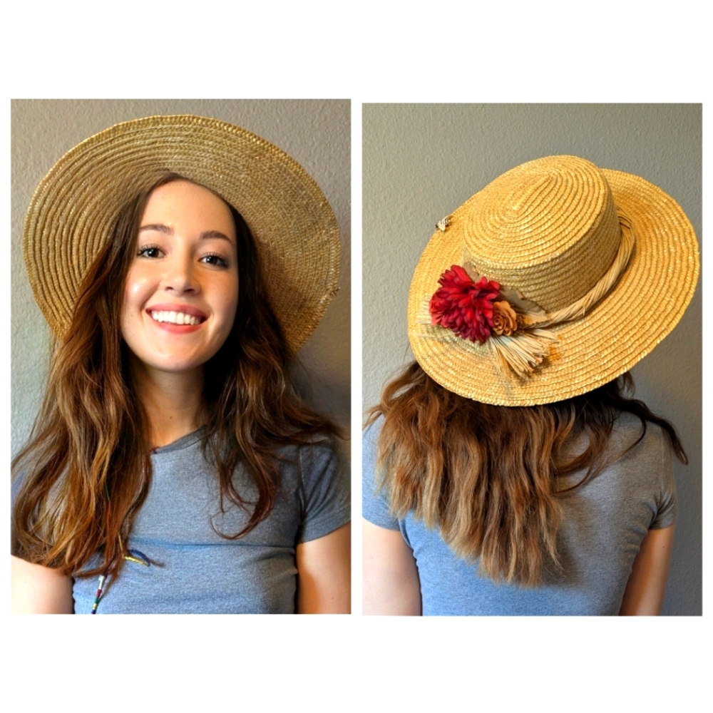 Straw Boater Hat with Red Flower Accent - Women